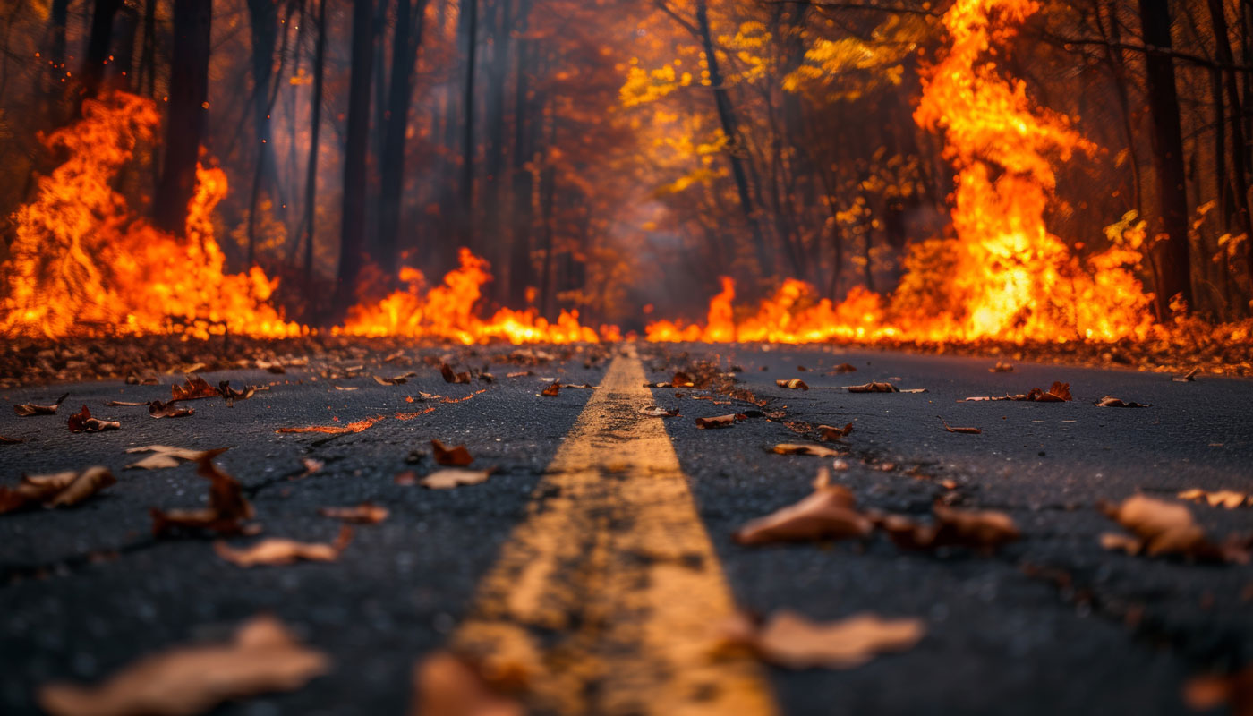 A road with leaves and wildfire on the side of it