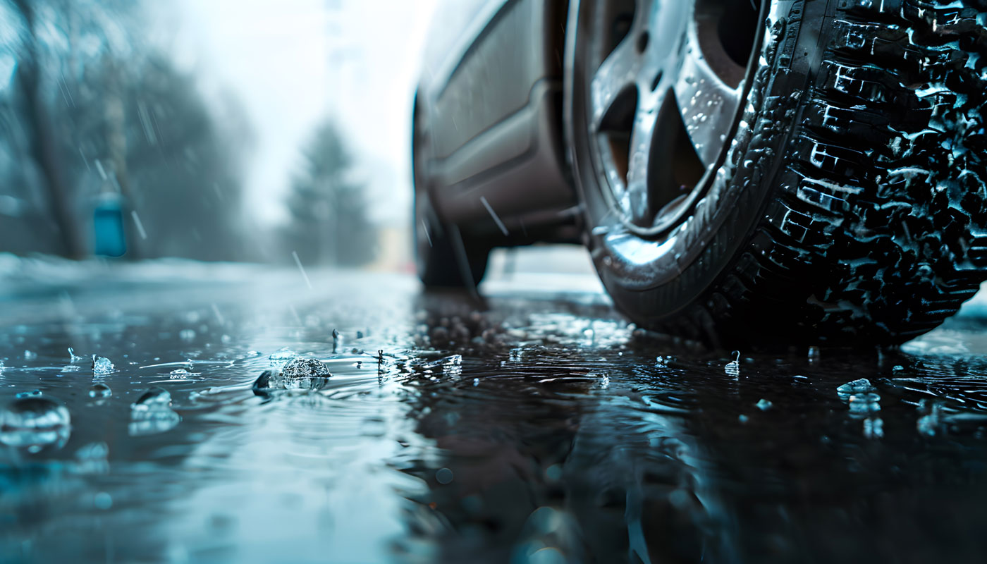 Car Tire on Wet Pavement in Rainy Weather, car tire navigating wet pavement in rainy conditions