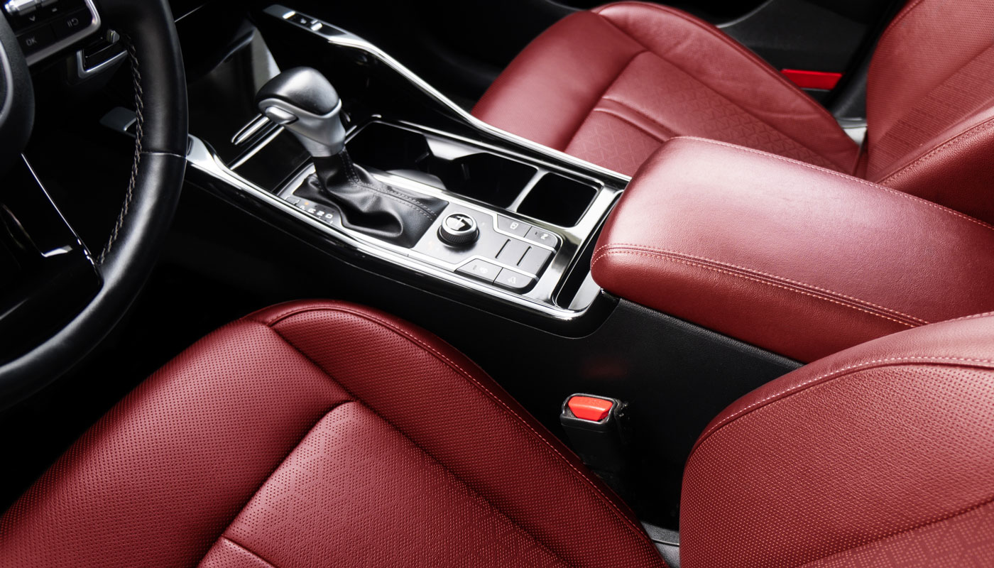 Inside red leather interior of a car