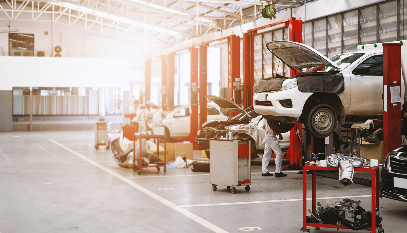 car repair station with soft-focus and over light in the background