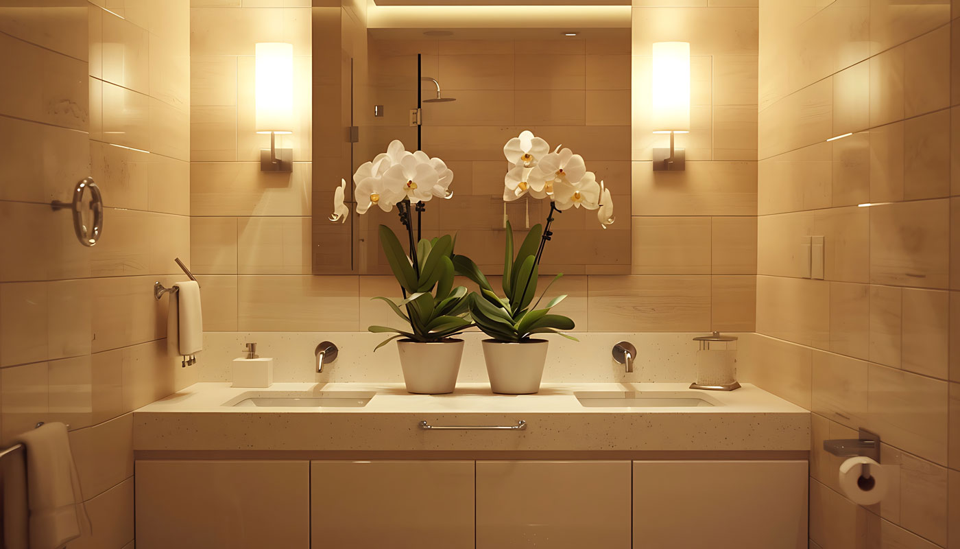 a luxury bathroom featuring a double sink vanity in white quartz