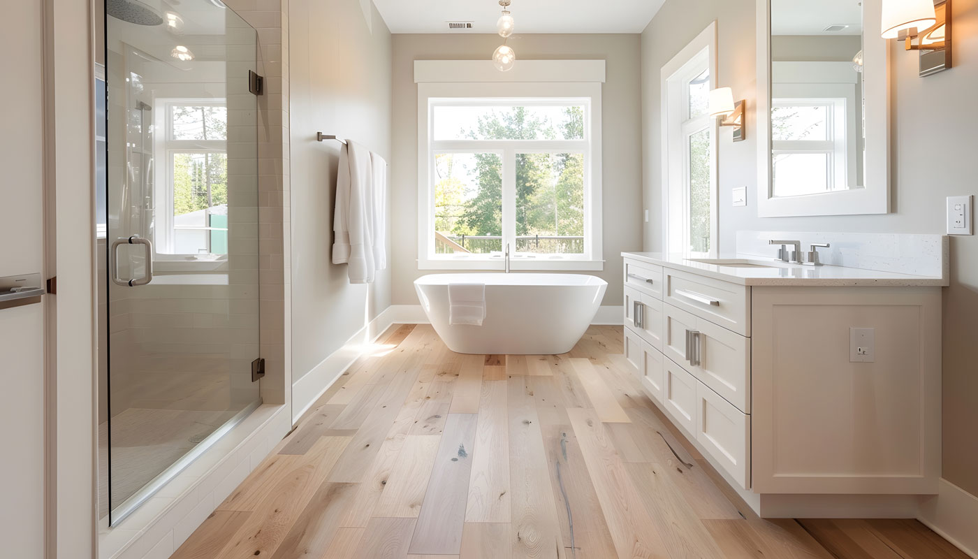 Beautiful ensuite bathroom in new farmhouse style luxury home with double vanity freestanding soaker bathtub mirror sinks shower and hardwood floor