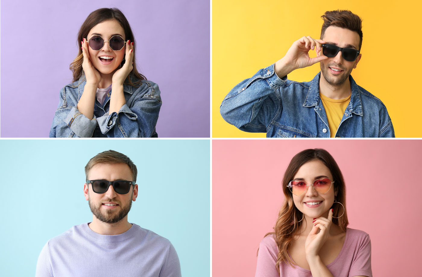 Collage of photos with young people wearing stylish sunglasses