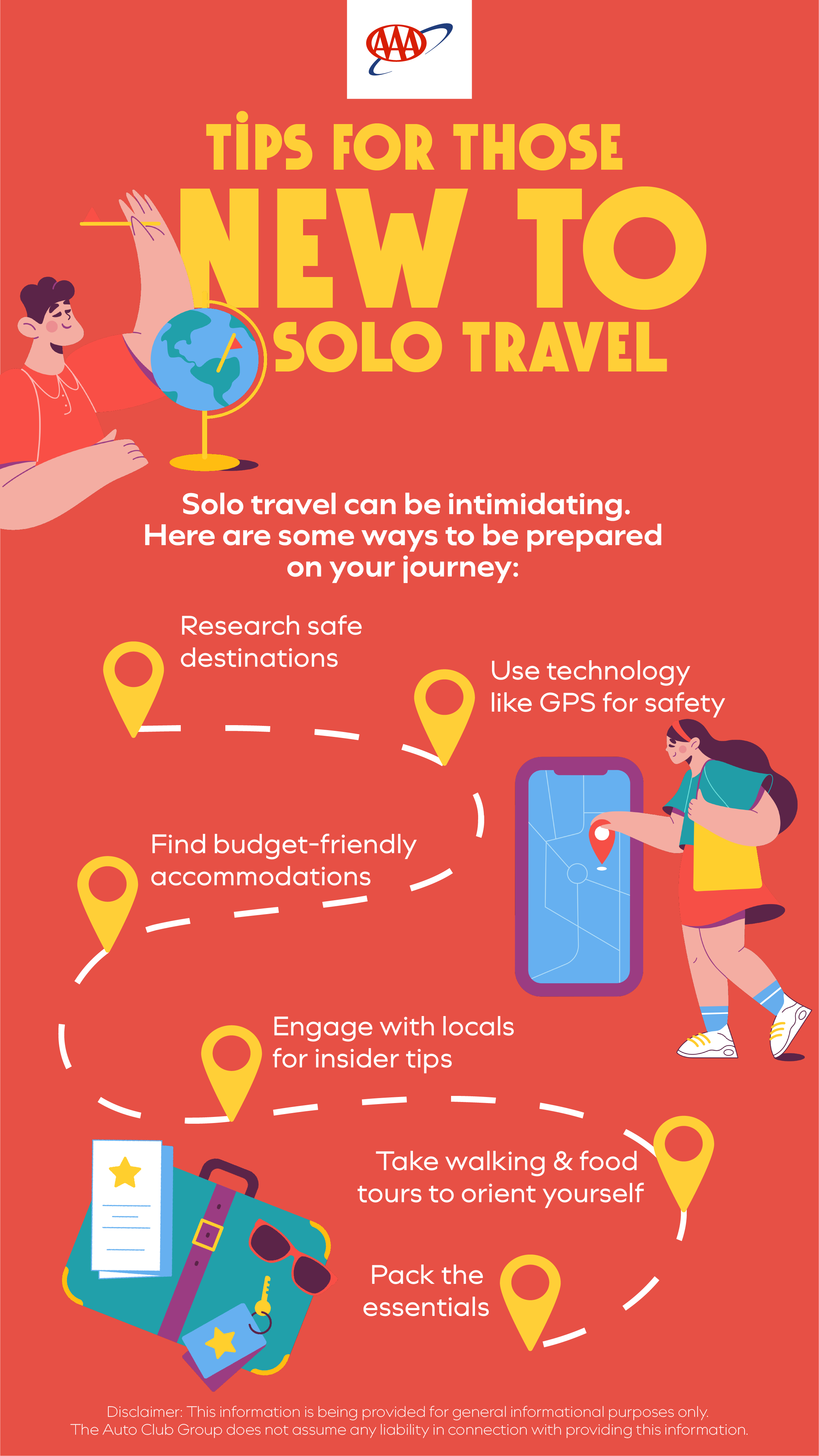 Infographic on tips and tricks for traveling solo.