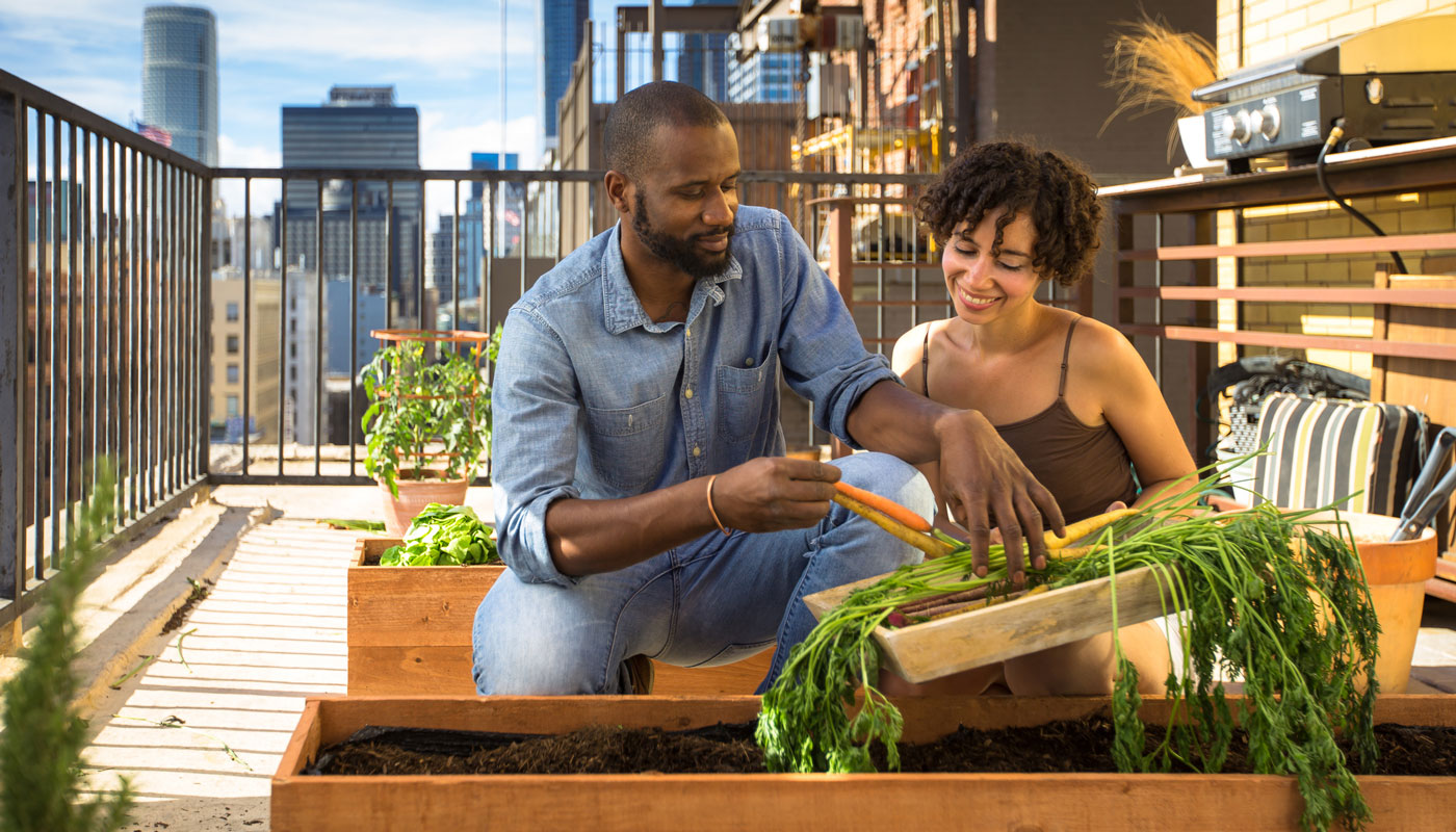 3-Homesteading-GettyImages-626930972.jpg Couple gardening on their high rise patio in the city
