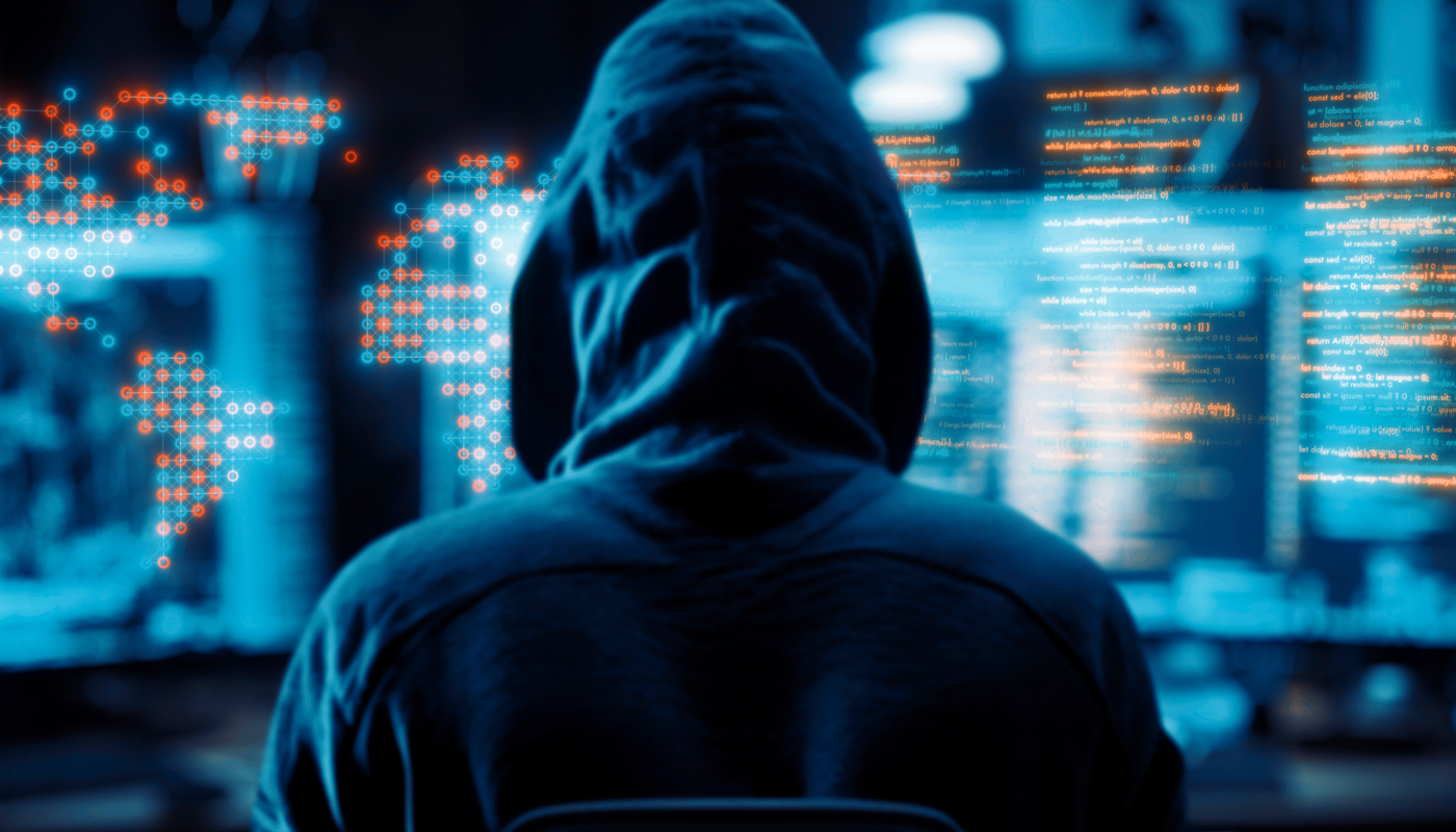 digital work of Computer Hacker with someone staring at a wall of screens wearing a dark hoodie.