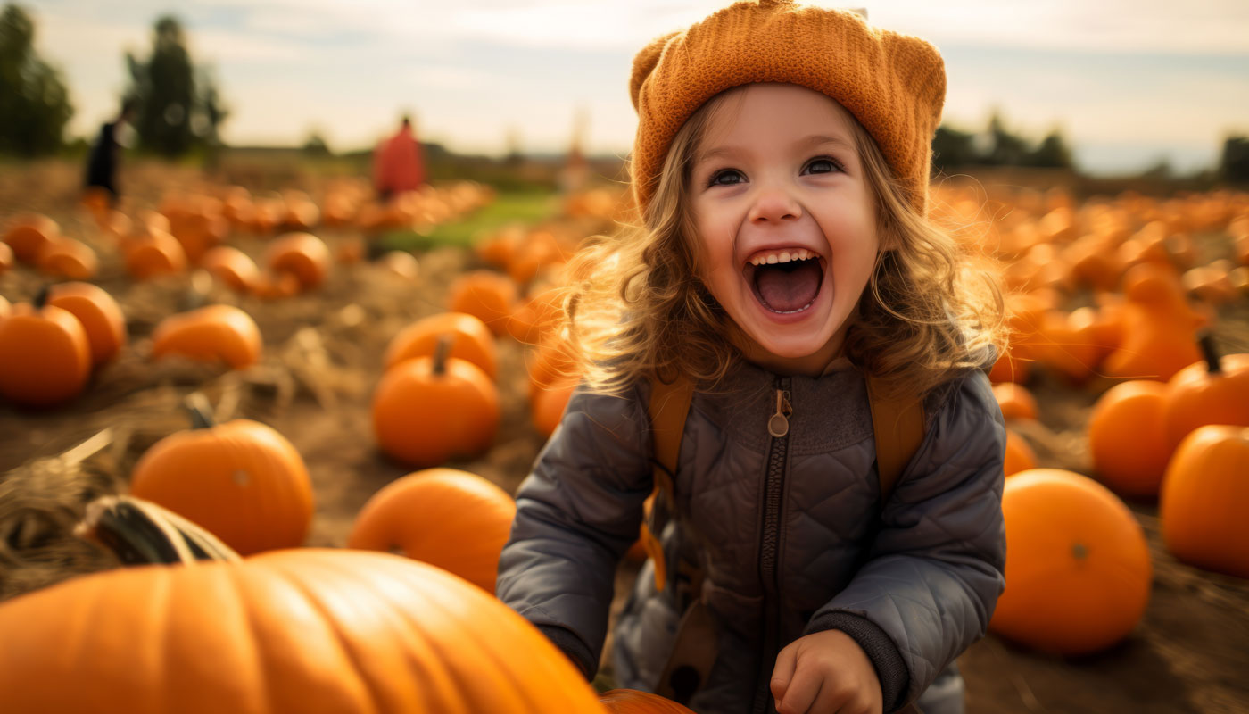 Happy smiling kid go Pumpkin picking