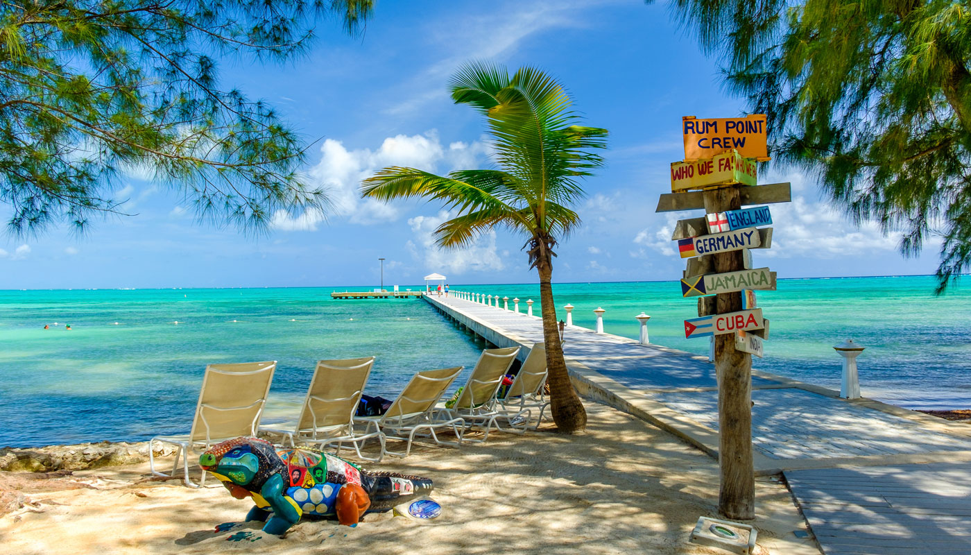 Brightly painted signs on a Caribbean Island beach with beautiful blue sea in the background. 