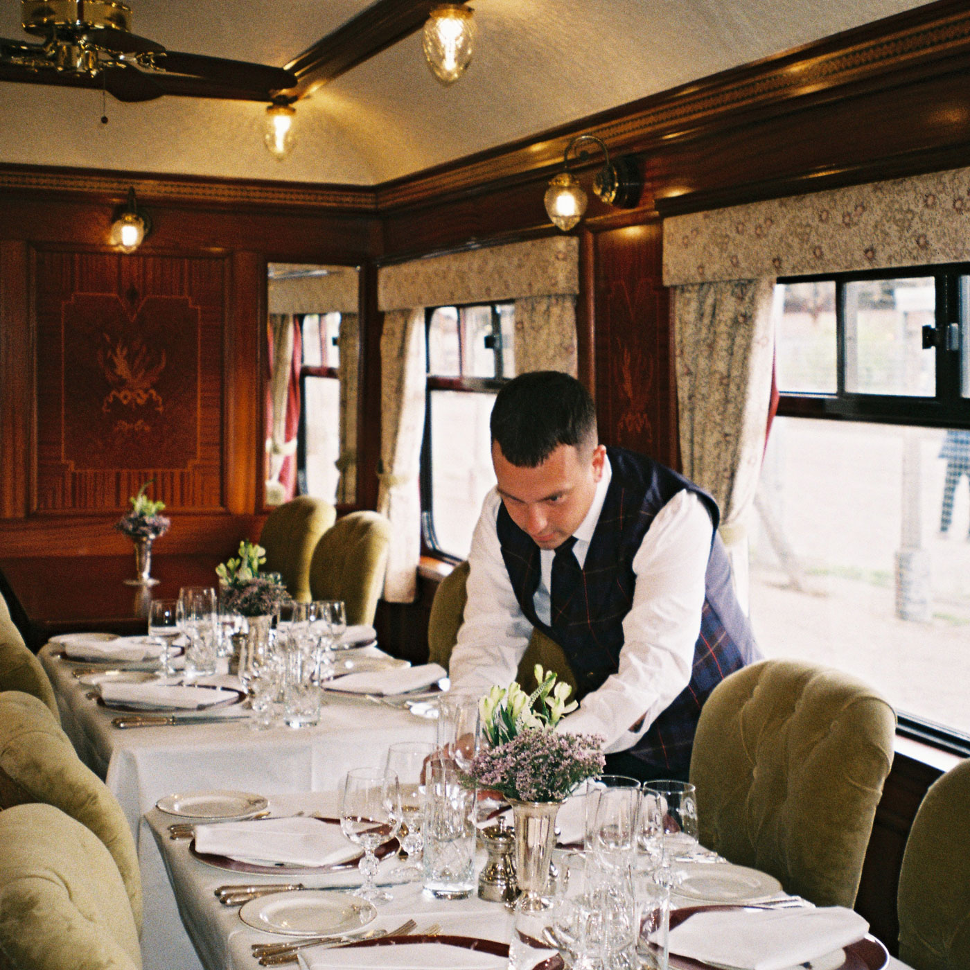 Ornate interior of the dining car on the Royal Scotsman train