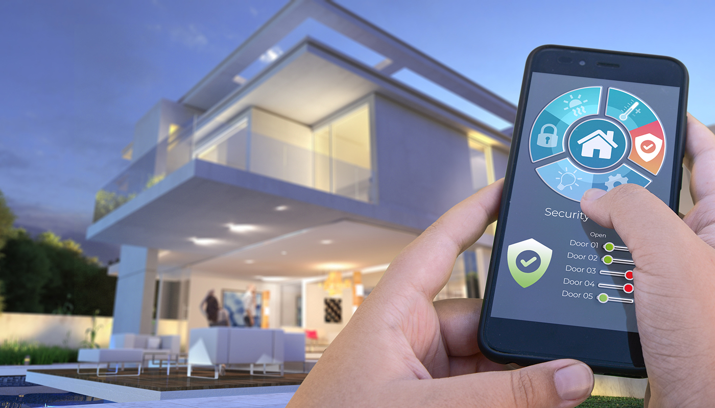 Hand holding smartphone adjusts smart features inside home