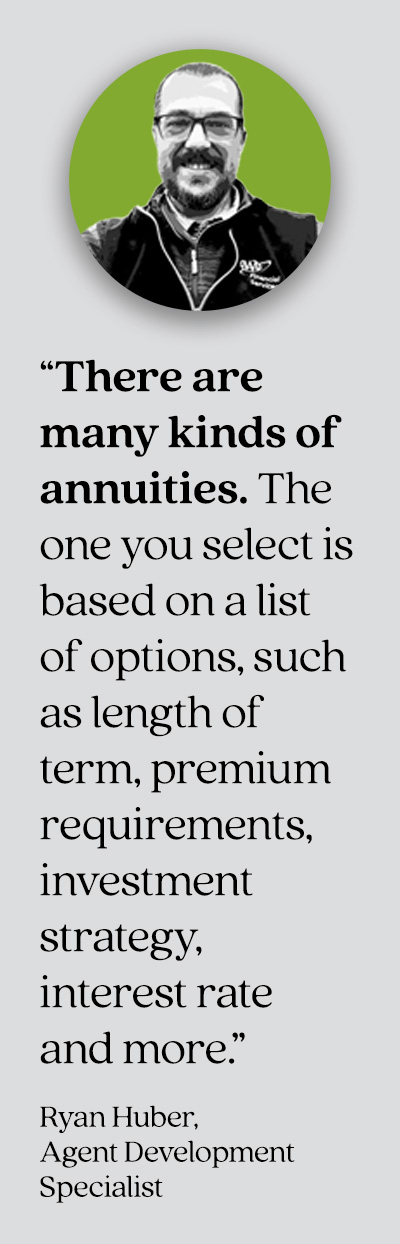 Quote from Ryan Huber, Agent Development Specialist, that states: There are many kinds of annuities. The one you select is based on a list of options, such as length of term, premium requirements, investment strategy, interest rate and more.