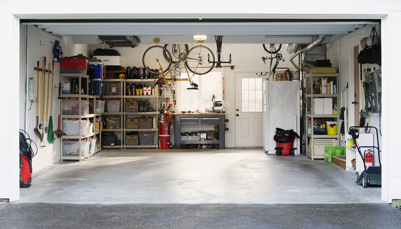 Organized garage with open door