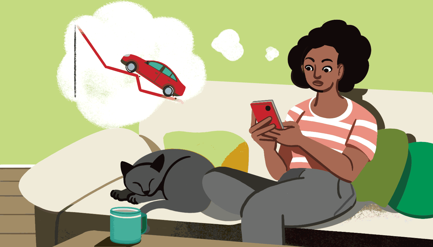 Woman sitting on couch with cat while scrolling through her phone. Thought bubble above woman’s head shows a graph with a car racing upwards