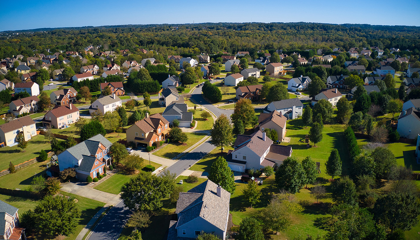 Aerial view of a suburban neighborhood