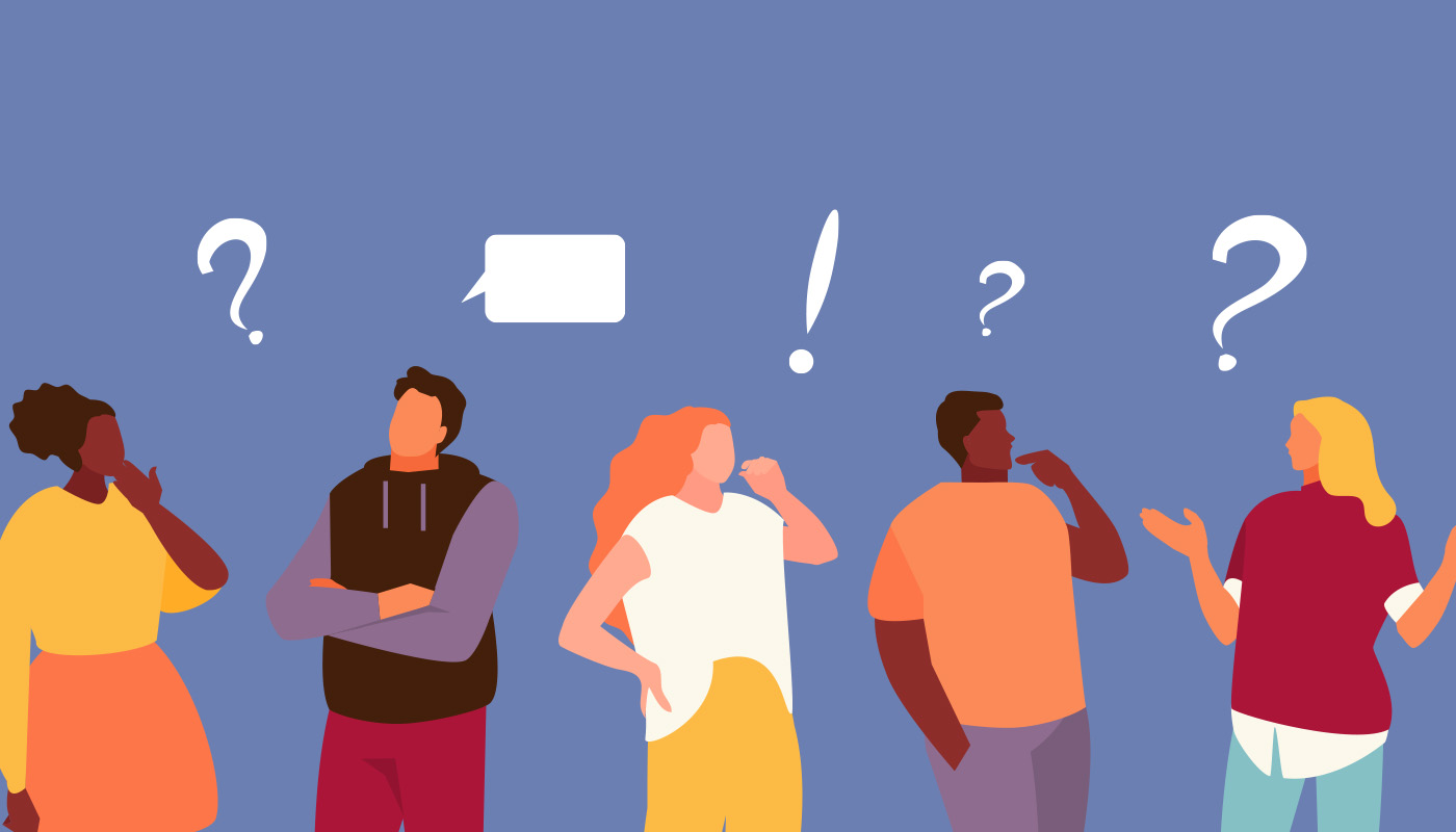 Illustration of 5 people chatting with question marks, exclamation point, and chat bubble over their heads