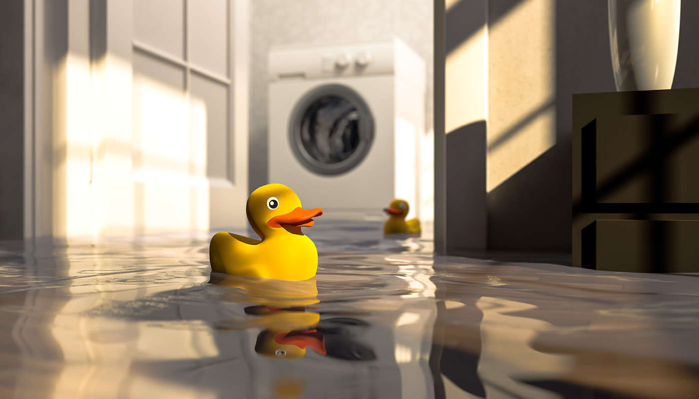 Photo of rubber duck floating in water covering floor with washing machine in background