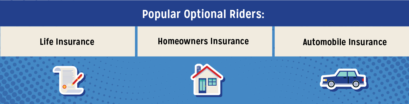 Infographic showing popular optional riders which are life insurance, homeowners insurance and automobile insurance