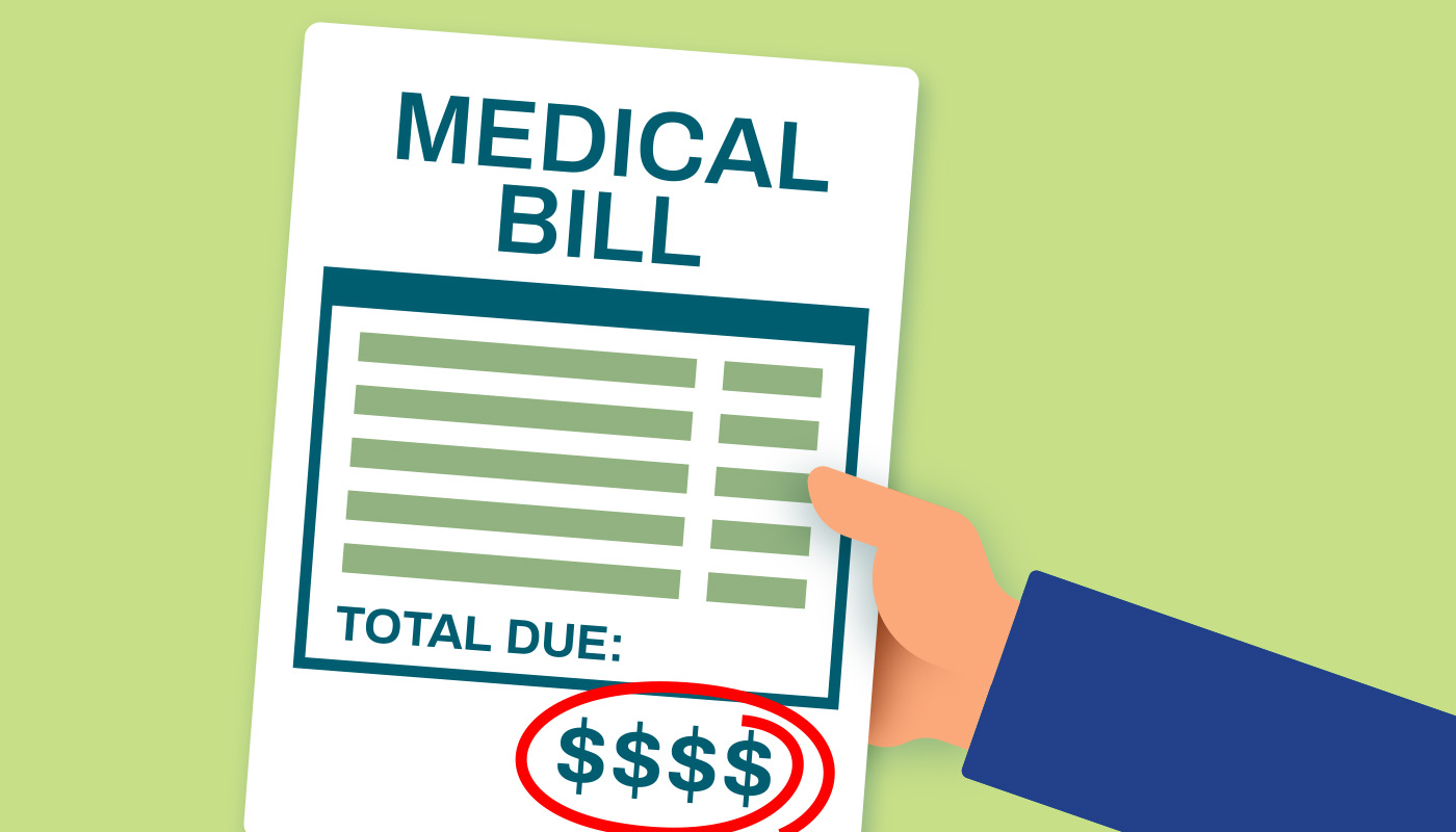 Illustration of a hand holding a medical bill with the amount due circled in red