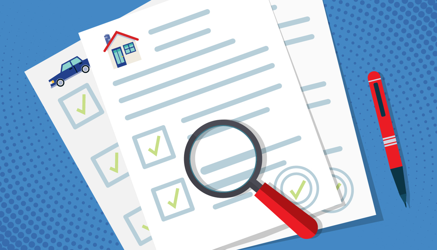 Illustration of home and auto insurance policies with magnifying glass on top
