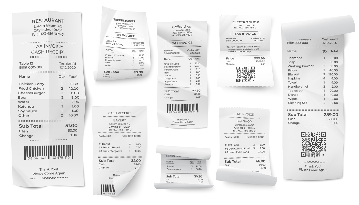 Different receipts laid out on white background
