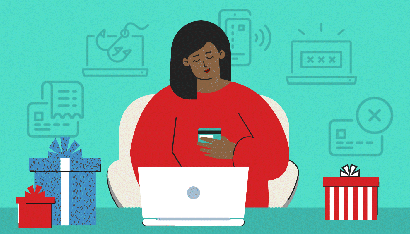 Illustration of a woman on a laptop holding up her credit card. She is surrounded by wrapped presents and fraud prevention icons are floating around her.
