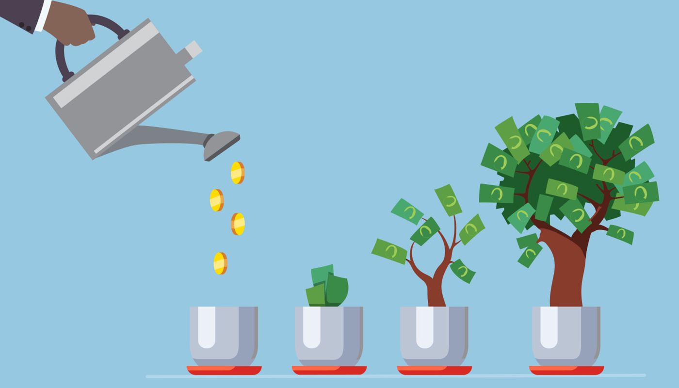 conceptual depiction of a watering can using coins to grow a paper money plant. Various stages of the plants growth are shown.