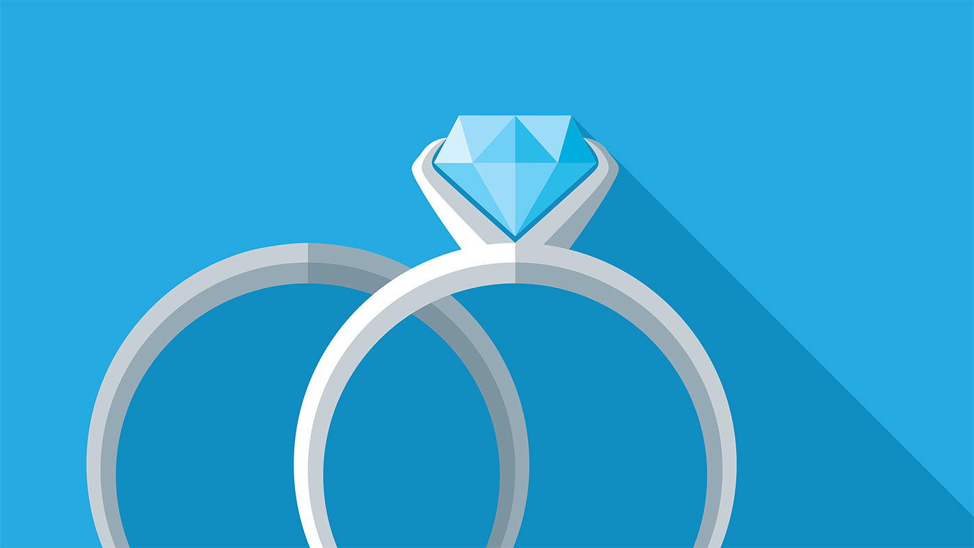 A graphic image of two silver rings, one with a diamond and both in front of a light blue background.