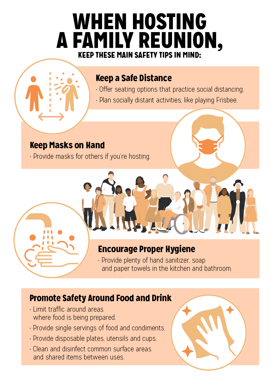 Infographic detailing safety measures to take when hosting a family reunion in times of COVID-19.