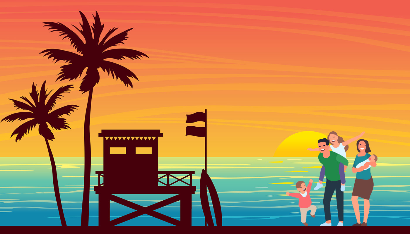 Illustration of mother, father, and 3 young children in front of beach sunset