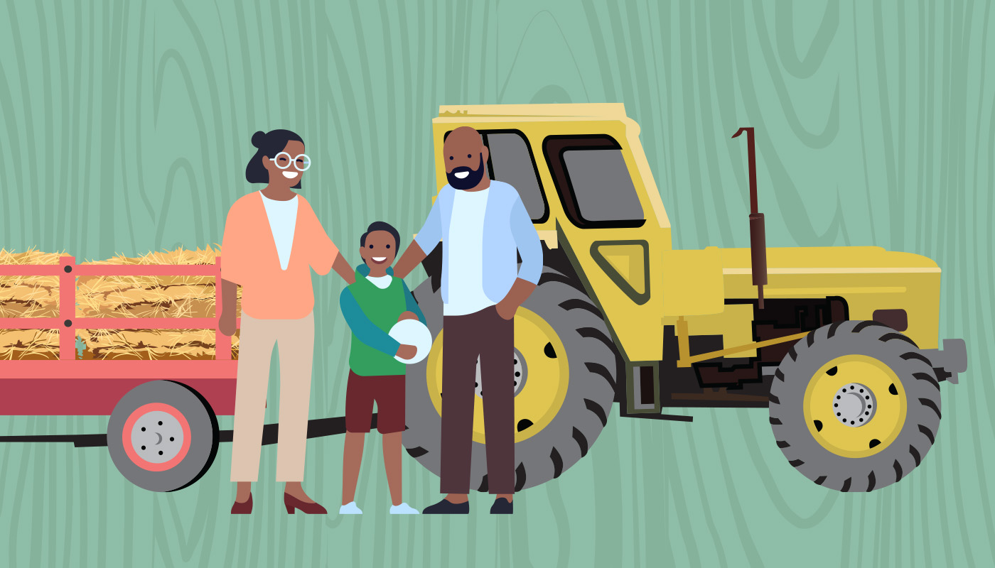 Illustration of mother, father and son standing in front of tractor carrying hay