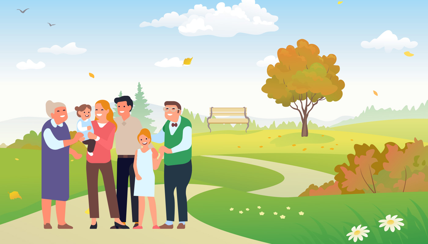 Illustration of multi generational family on path outside, tree with fall color in the background