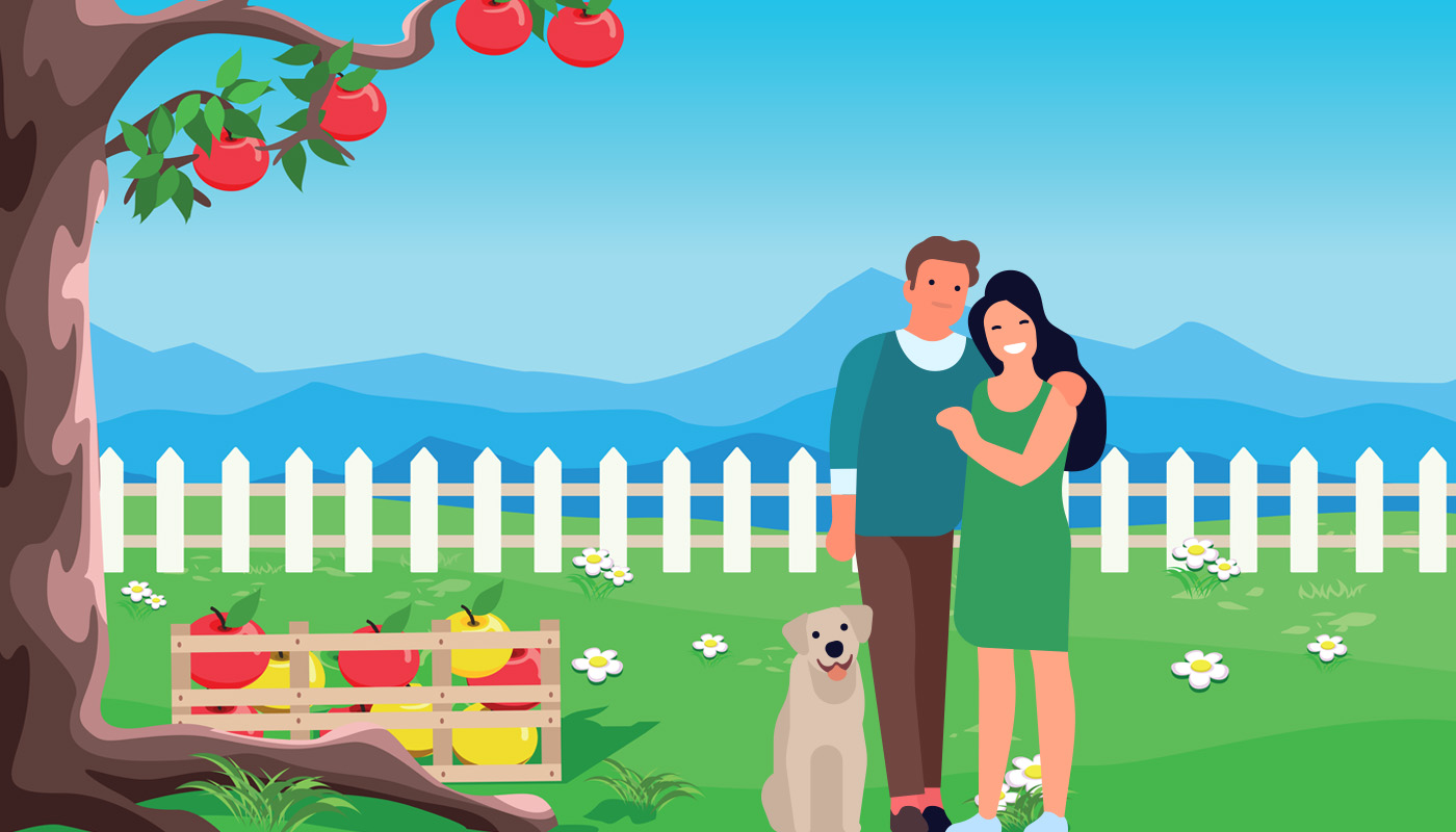 Illustration of young man and woman with dog next to apple tree and crates of apples