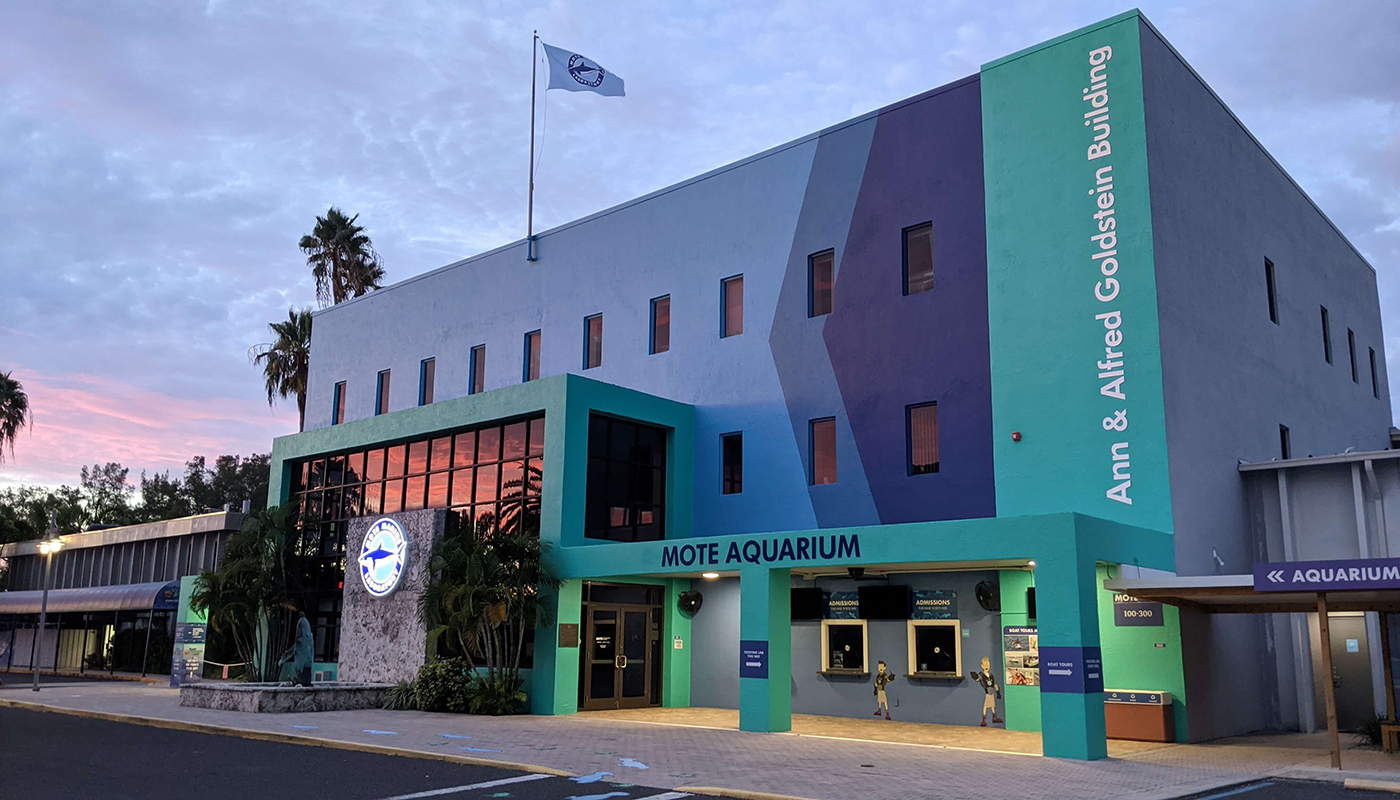 Exterior view of MOTE Marine Laboratory & Aquarium at dusk