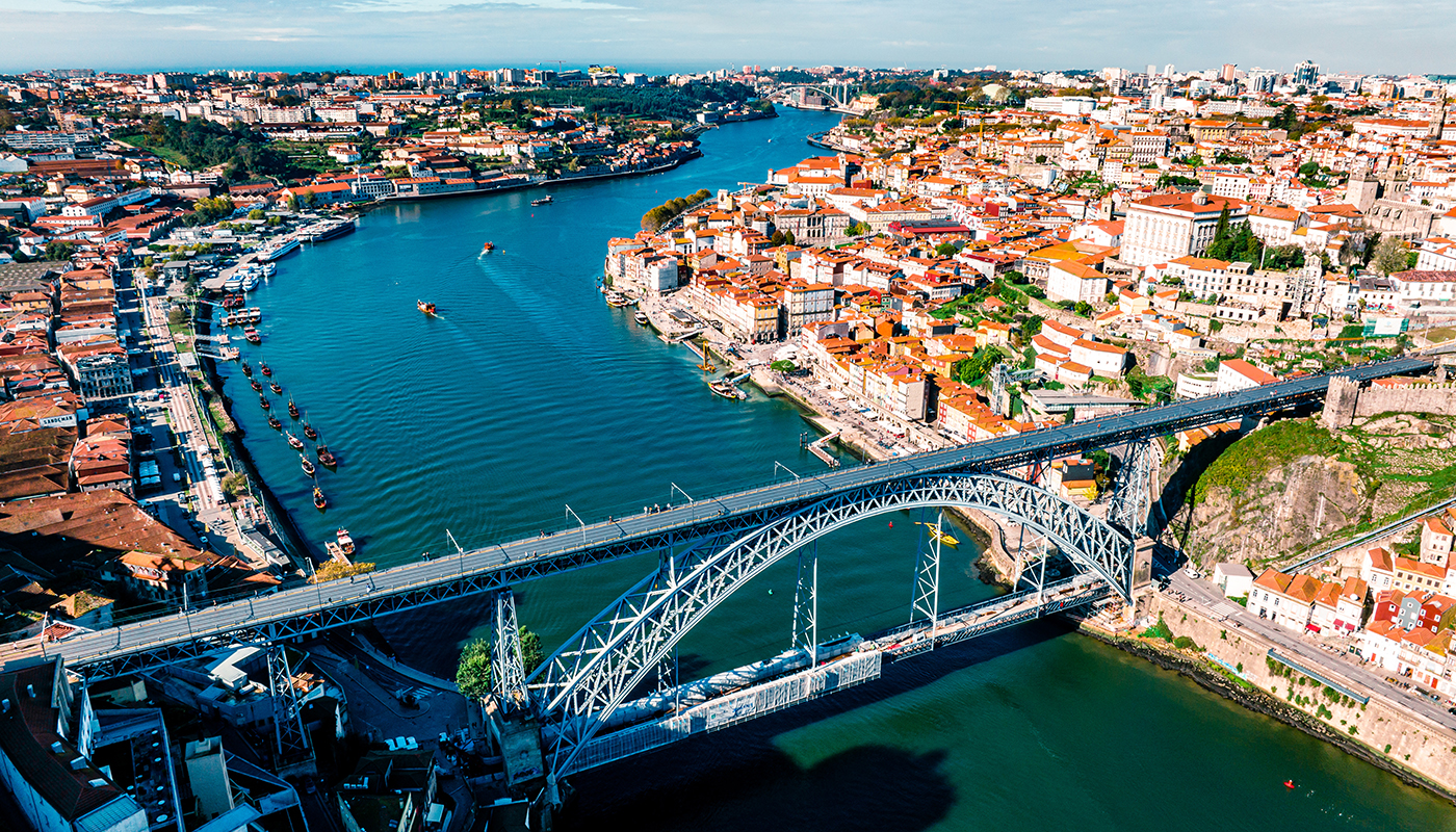 Aerial of the Porto city and Douro River in Portugal