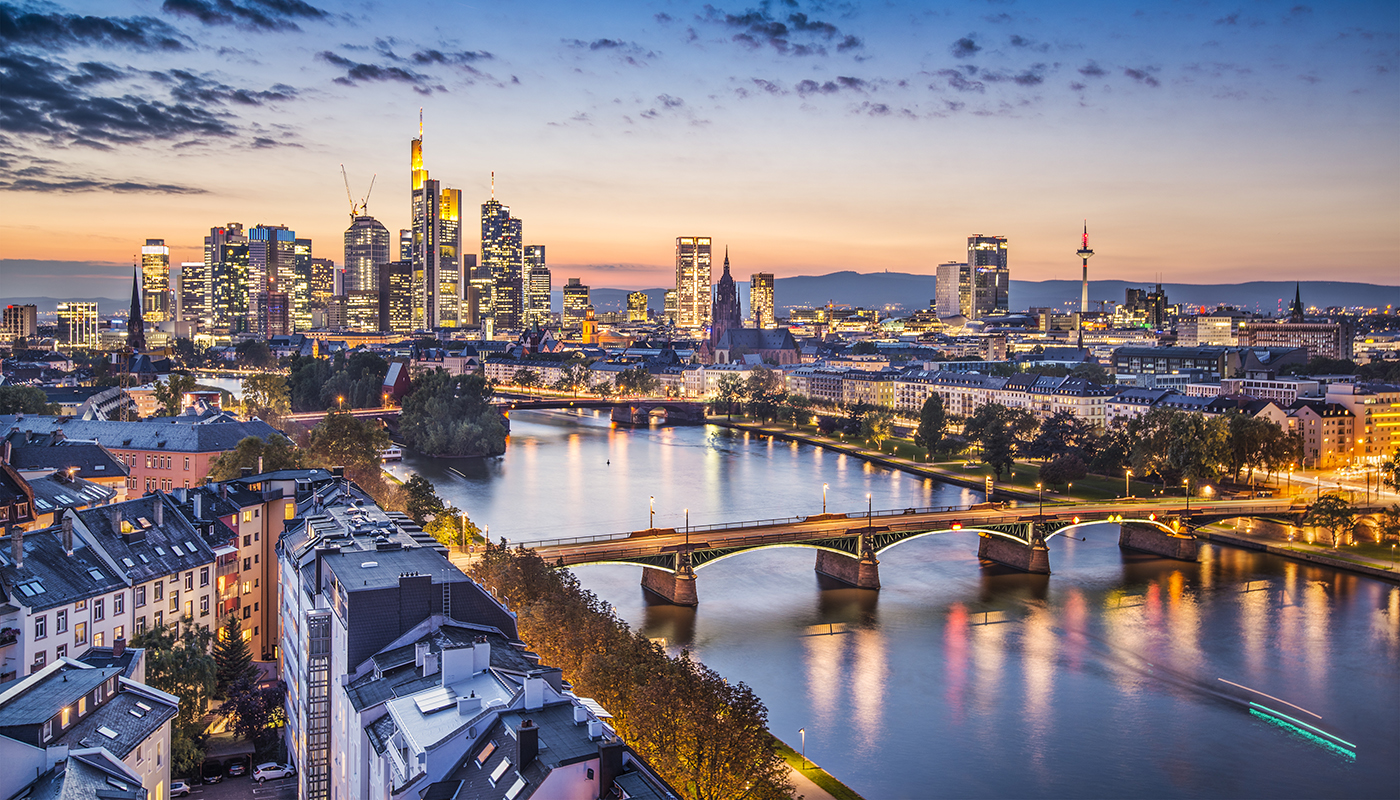 Twilight view of the Main River in Frankfurt, Germany