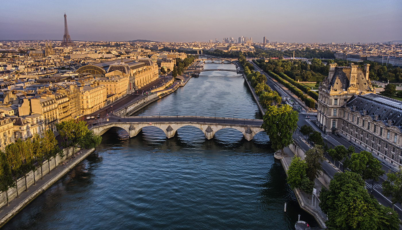 Aerial view of Seine River in Paris at Pont du Carrousel