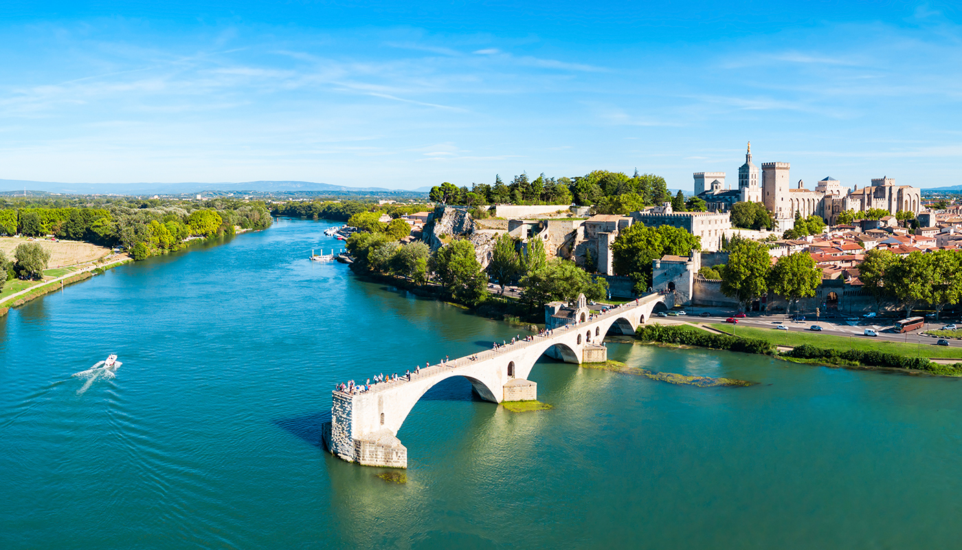 Pont Saint Benezet bridge and Rhone river aerial panoramic view in Avignon