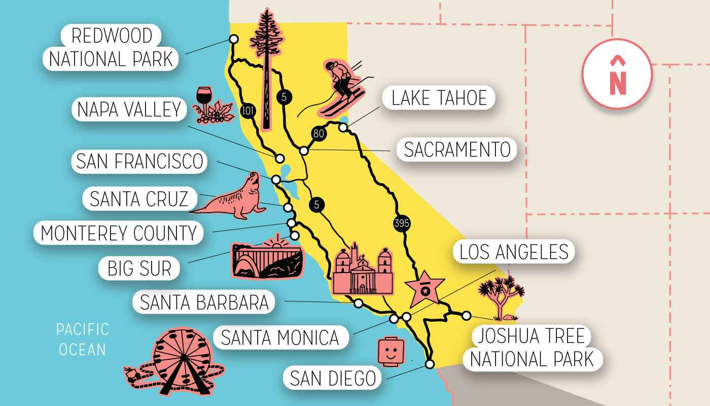 An illustrative map of California, highlighting the Redwood National Park, Napa Valley, San Francisco, Santa Cruz, Monterey County, Big Sur, Santa Barbara, Santa Monica, San Diego, Joshua Tree National Park, Los Angeles, Sacramento and Lake Tahoe. 