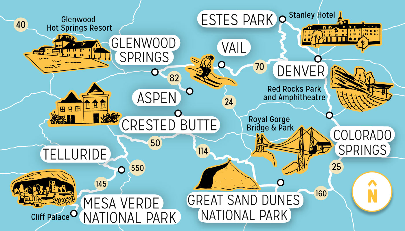 An illustrated map of Colorado, highlighting Mesa Verde, Telluride, Crested Butte, Aspen, Glenwood Springs, Estes Park, Vail, Denver, Colorado Springs and Great Sand Dunes National Park. 