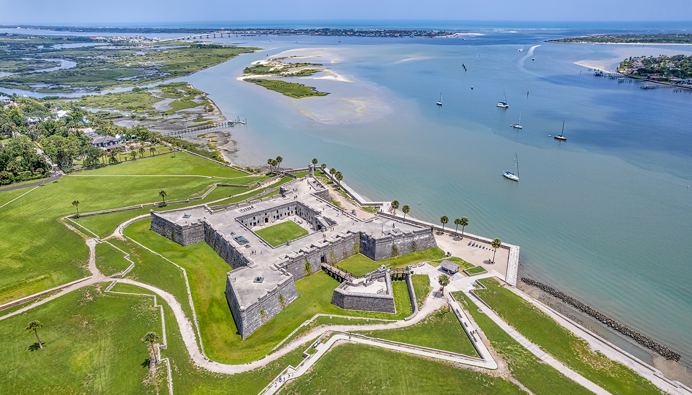 Aerial photograph of the Castillo de San Marcos in St. Augustine, Florida. Photo shot over land looking out to sea.