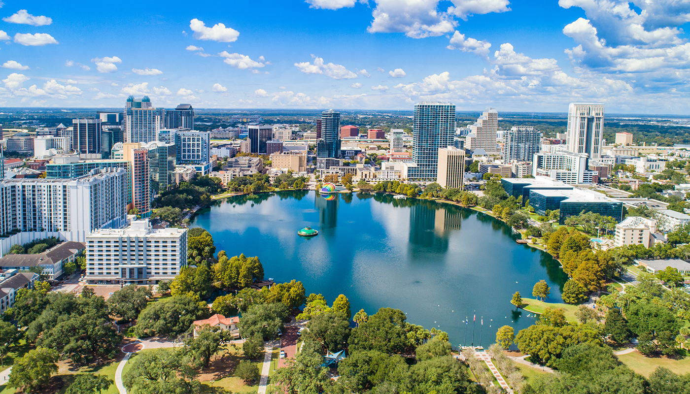 Orlando, Florida, USA Downtown Drone Skyline Aerial.