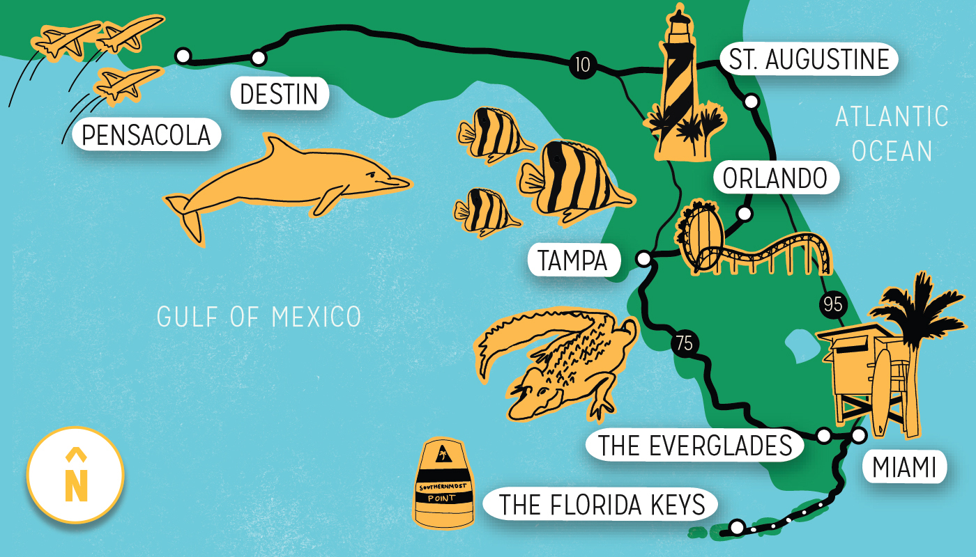 An illustrative map of Florida, highlighting Pensacola, Destin, Tampa, The Everglades, The Florida Keys, Miami, Orlando and St. Augustine. 