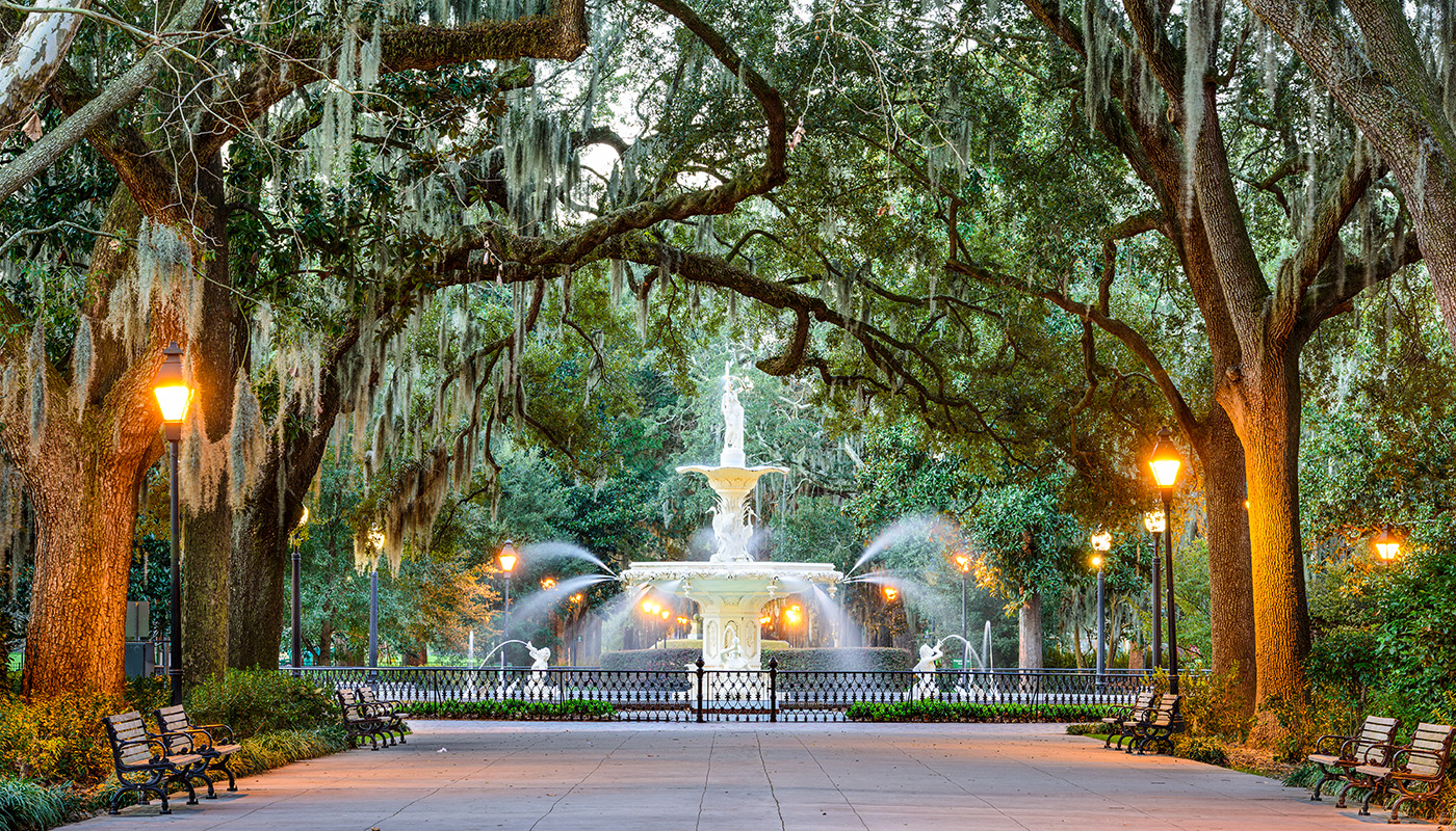 Oak trees line each side of path leading to Forsyth Park Fountain