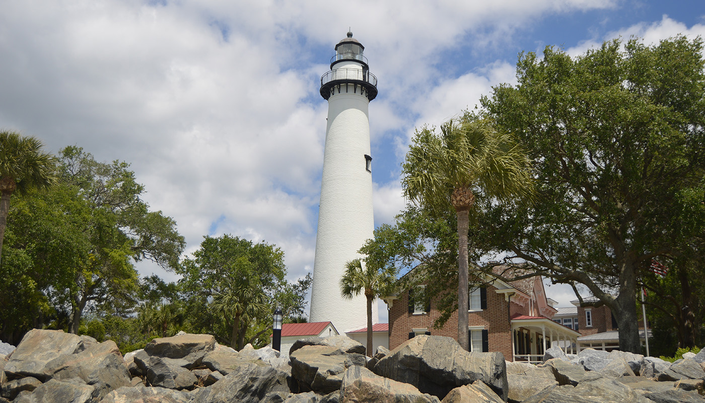 St Simons Island Lighthouse with boulders in foreground