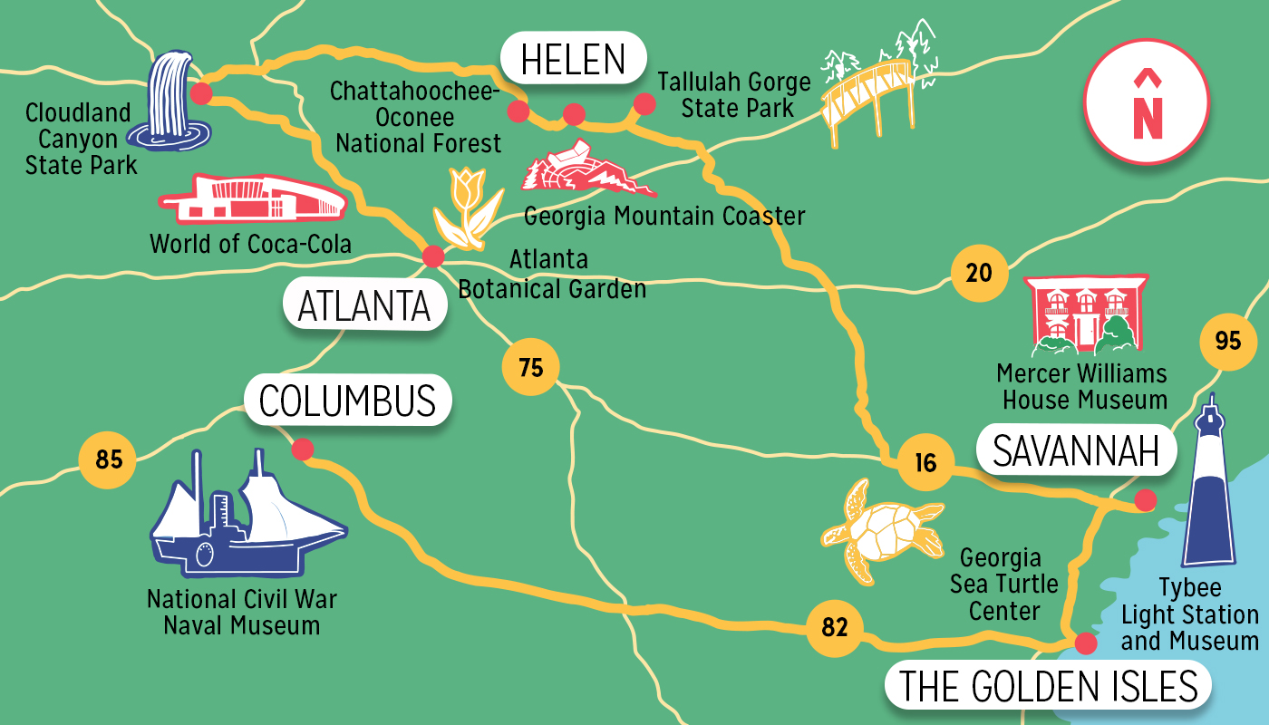 Illustrated map of Georgia, including locations for Atlanta, Columbus, the Golden Isles, Savannah, and Helen. Map is not to scale.