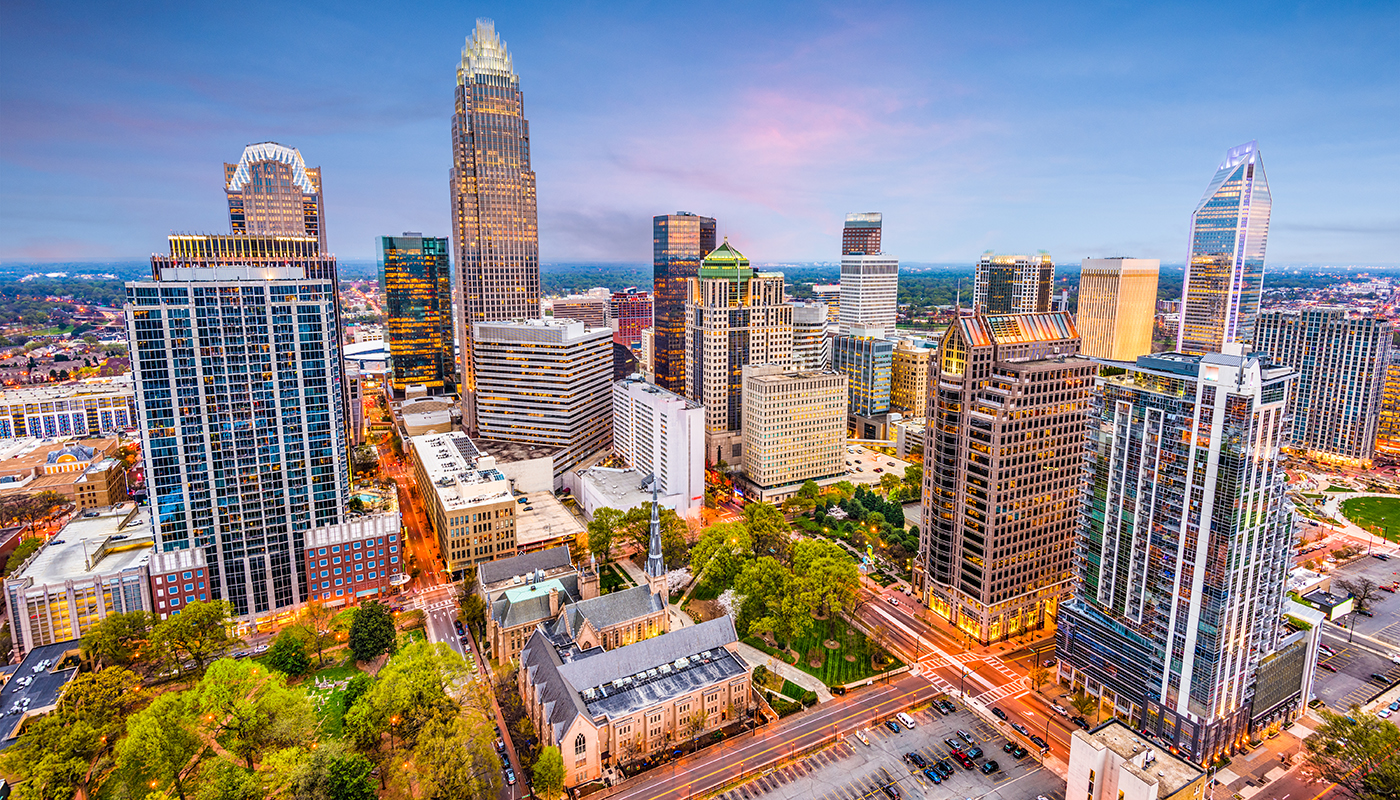 An aerial view of the buildings in downtown Charlotte, North Carolina.