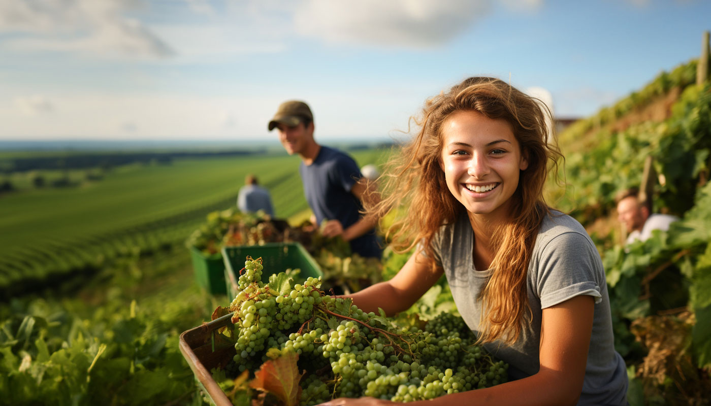 teenagers have fun harvesting grapes in the south of France