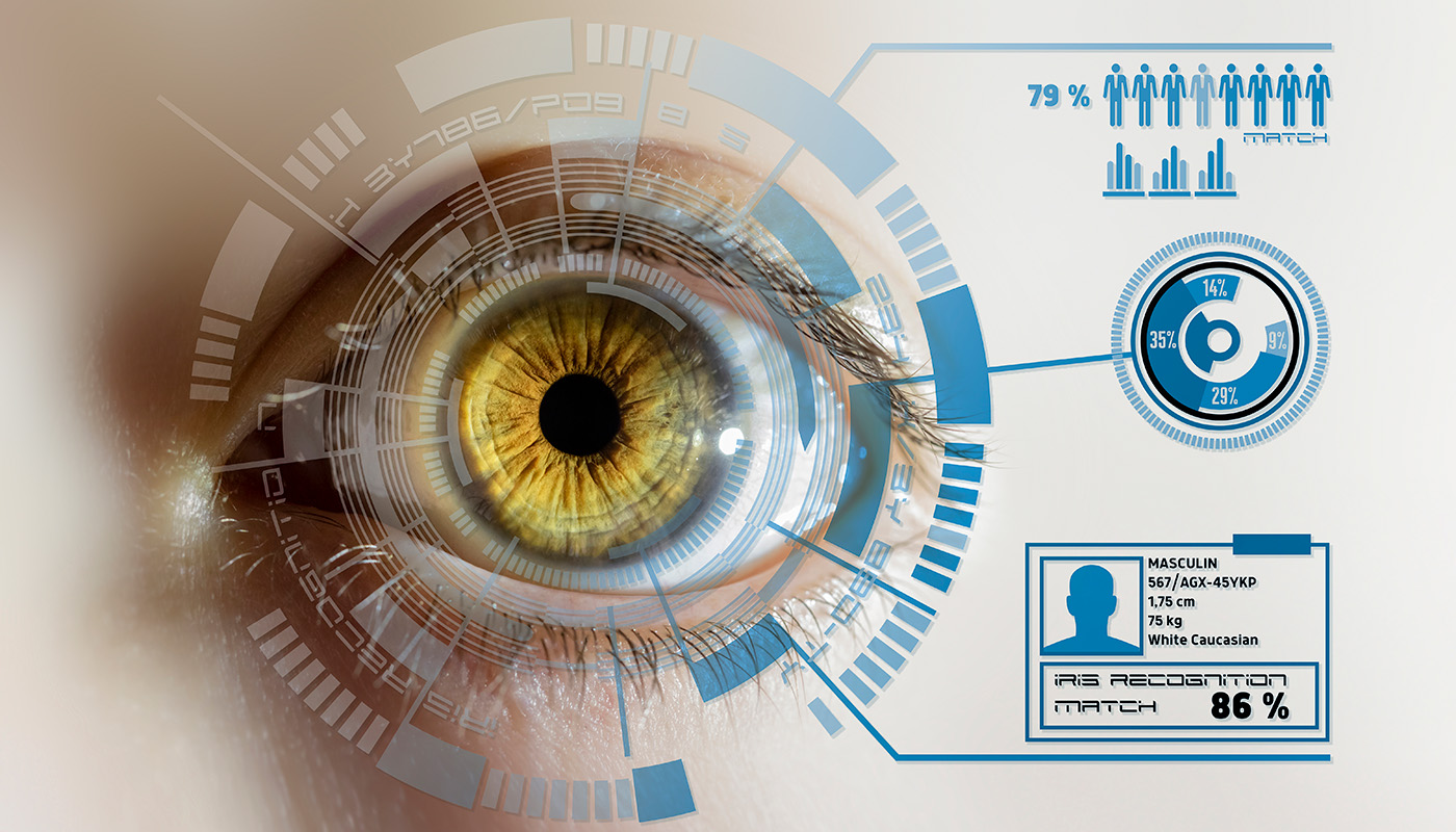Overlay of iris recognition technology on close-up of eye