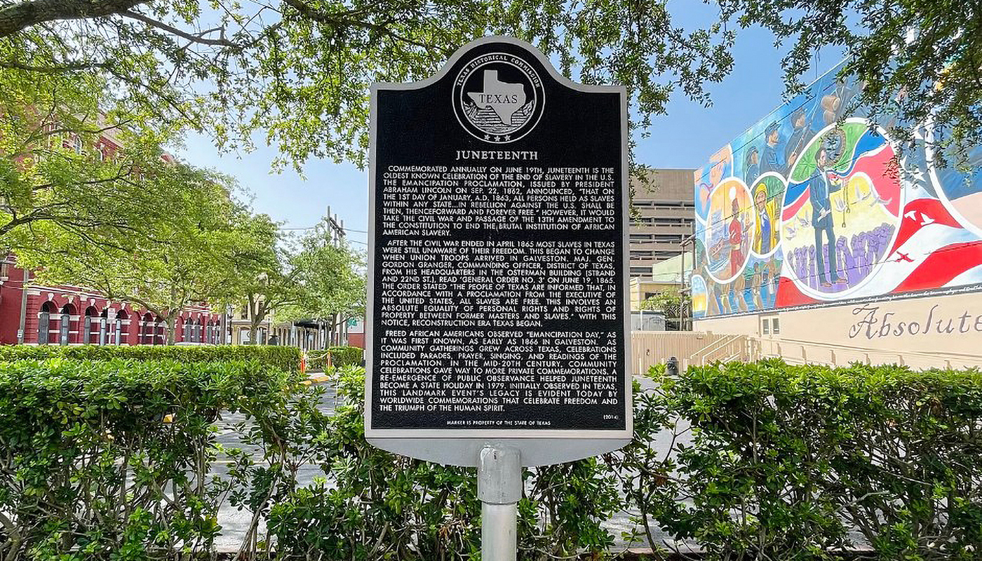 Historical marker for Juneteenth in Galveston, TX