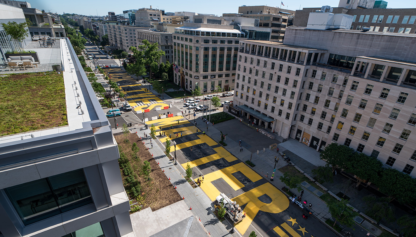 Overhead view of Black Lives Matter Plaza in Washington, DC